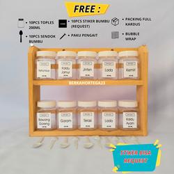 #ShopniQue - Rak Bumbu Dapur 2 Tingkat Natural Free 10 Toples+Stiker+Sendok Bumbu