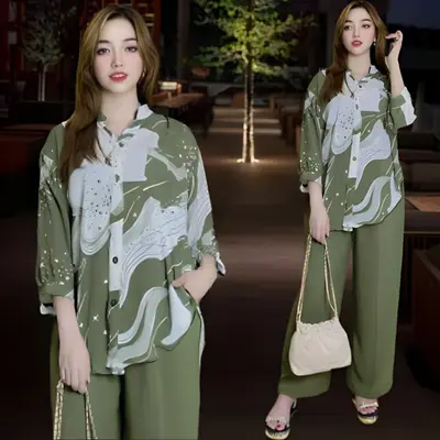 #ShopniQue - ULRICA SETELAN CRINCLE WANITA KEKINIAN LD 120  ATASAN KEMEJA OVAL CELANA LURUS BAHAN CRINCLE AIRFLO